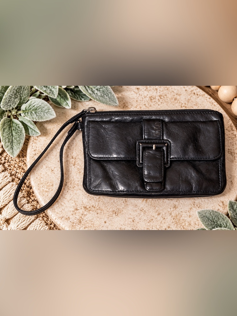 HOBO International Black Leather Wristlet Wallet | Pink Interior